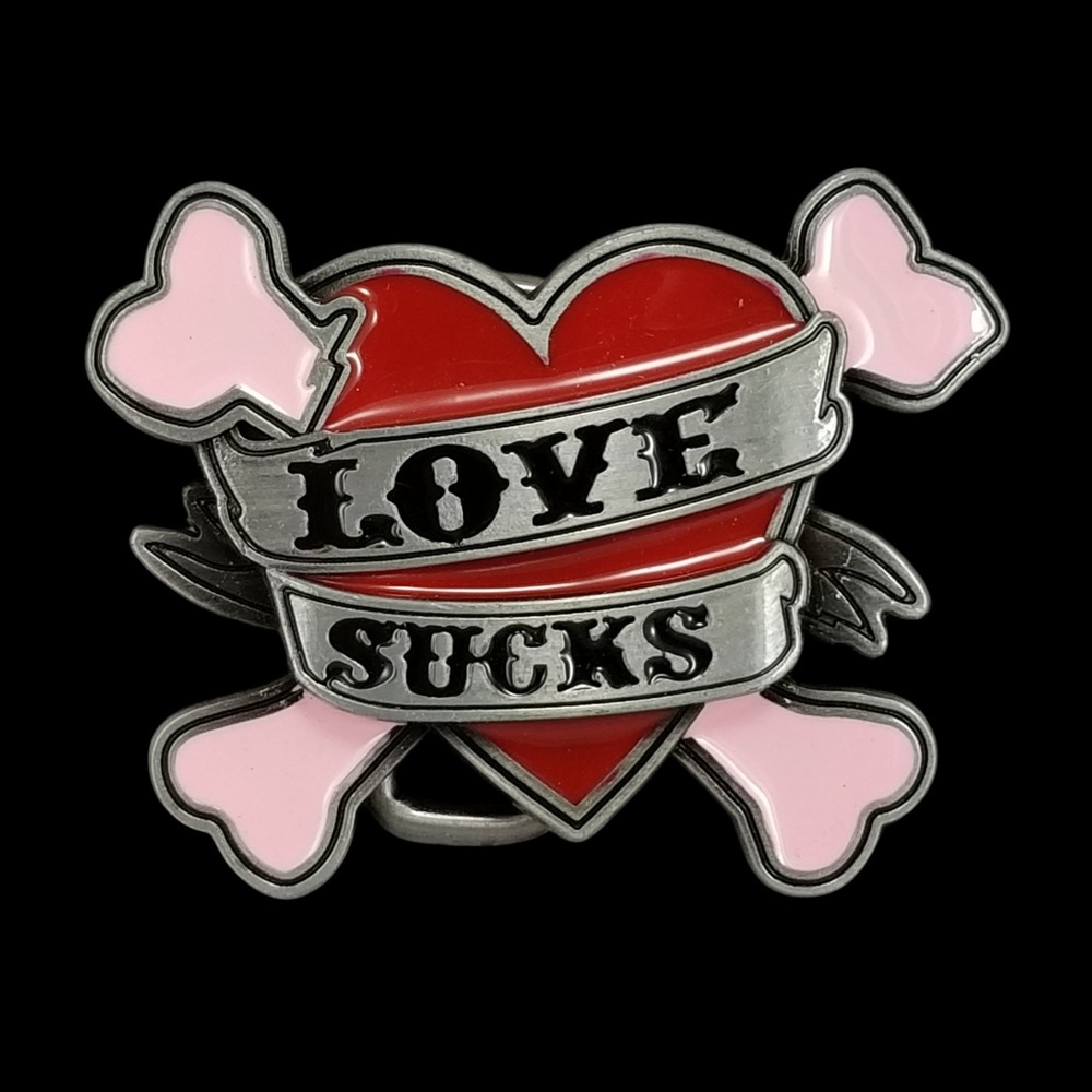 Love Sucks Heart Crossbones Belt‎ Buckle Red Pink Enamel Tattoo Style Punk Rock